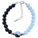 Black and White Yin Yang Beaded Bracelet, Natural Stone Onyx, Adjustable Chain
