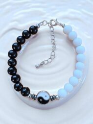 Black and White Yin Yang Beaded Bracelet, Natural Stone Onyx, Adjustable Chain - Image 3